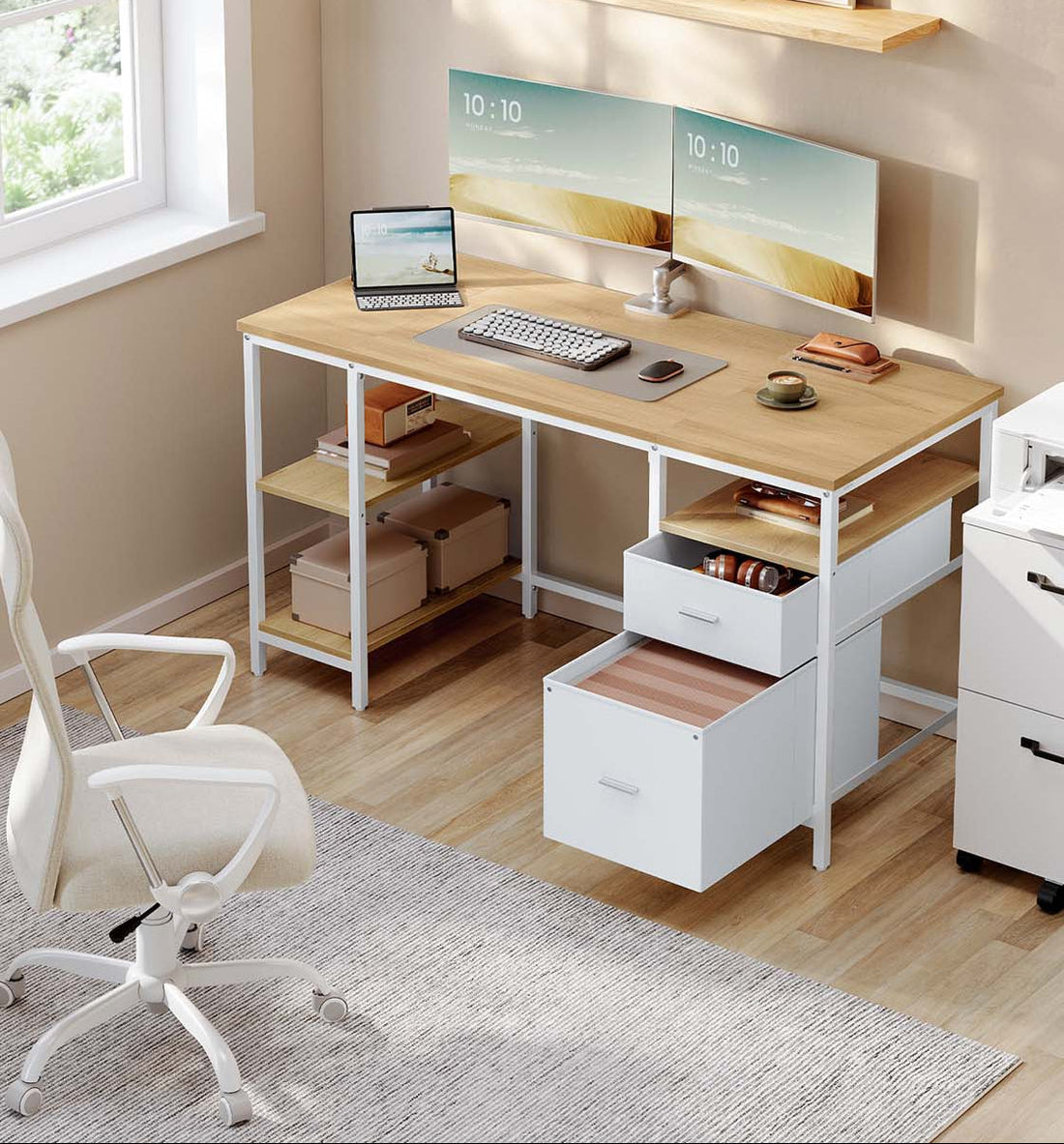 Skrivbord - studiebord - arbetsplats - vit/brun - 140 x 60 x 76 cm