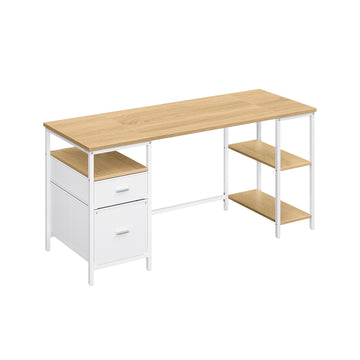 Computertafel met 3 legplanken en 2 laden | Natureikenkleur-wolkenwit | 160x60x76 cm