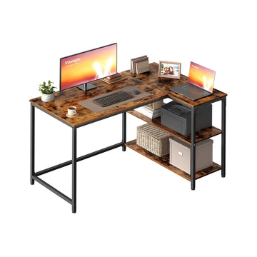 L-vormig hoekbureau met opbergruimte voor thuiswerken | Vintagebruin