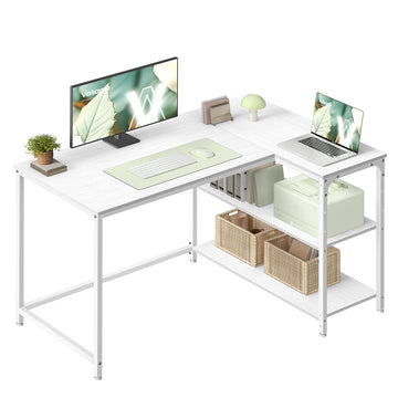 Hoekbureau in L-vorm met verstelbare plank | Ahornwit | 110x80x76 cm