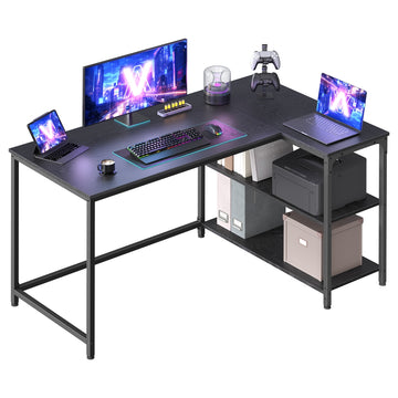 L-vormig hoekbureau met verstelbare plank | Ebenhoutzwart | 120x80x76 cm