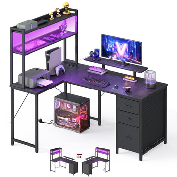 Hoekbureau in L-vorm met led | Zwart | 140x100x150 cm