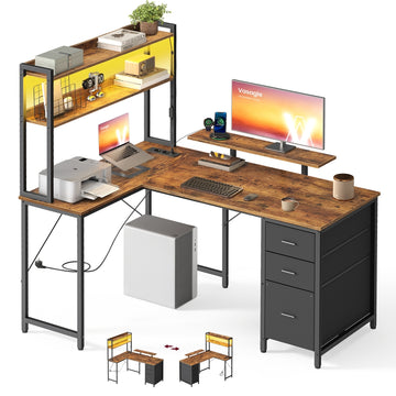 L-vormig hoekbureau met led | Vintagebruin-zwart | 140x100x150 cm