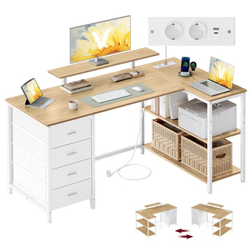Hoekbureau L-vorm met USB | Tarwegeel-matwit | 140x80x90 cm