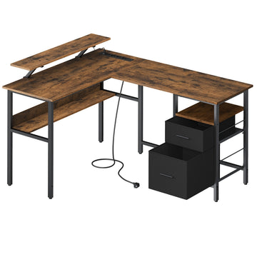 L-vormig hoekbureau met stekkerdoos en monitorverhoger | Bruin | 150x120x76 cm