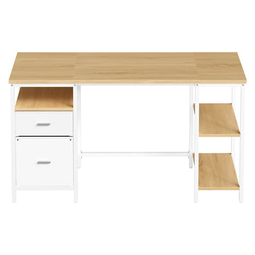 Bureau met 3 opbergvakken en 2 laden | Eiken-Wit | 140x60x76 cm
