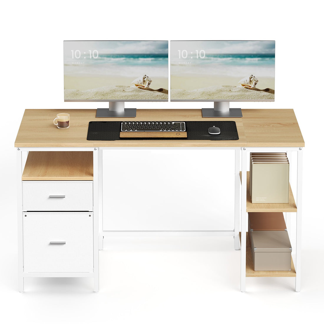 Schreibtisch mit 3 Ablagefächern und 2 Schubladen | Eiche-Weiß | 140x60x76 cm