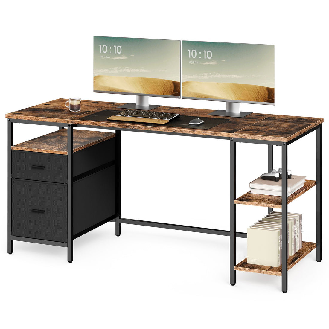 Schreibtisch mit 3 Ablagen und 2 Schubladen | Braun-Schwarz | 160x60x76 cm