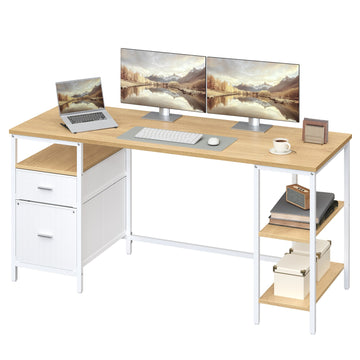 Bureau met 3 legplanken en 2 laden | Eiken-wit | 160x60x76 cm
