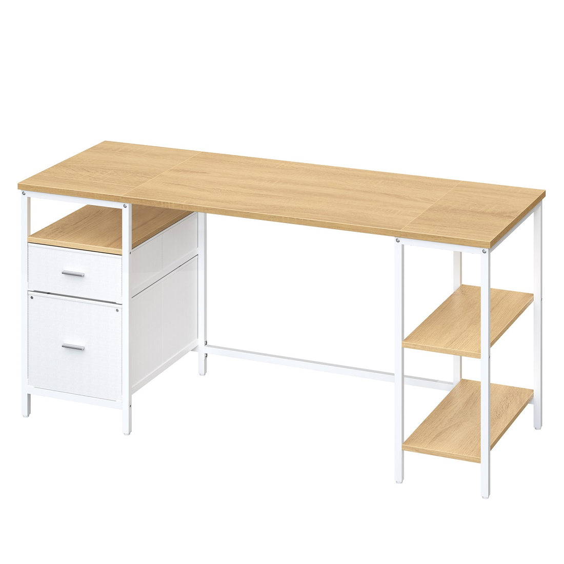 Schreibtisch mit 3 Regalböden und 2 Schubladen | Eiche-weiß | 160x60x76 cm