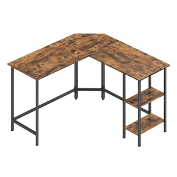 Hoekbureau met planken, L-vormig computerbureau | Bruin-zwart | 130x130x76 cm