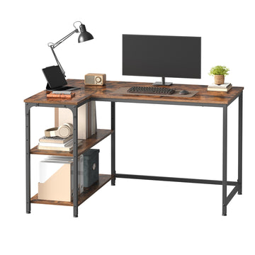 Bureau met opbergruimte, L-vormig computerbureau met verstelbare plank | Bruin | 110x80x76 cm