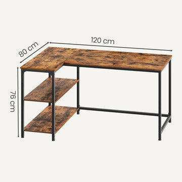 Bureau met opbergruimte, L-vormig computerbureau, verstelbare plank | Bruin | 120x80x76 cm