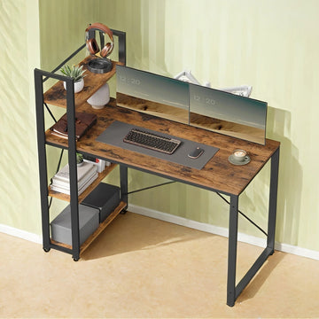 Bureau met opbergrek en computerbureau | Vintagebruin-zwart | 60x120x120 cm