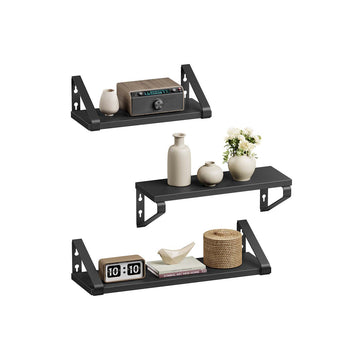 3-delige wandplankenset - zwevende planken - hout en staal - zwart