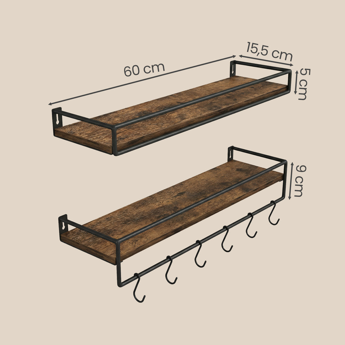 Vägghylla 2-delad set med stång | Brunsvart | 60x15,5x5 och 60x15,5x9,4 cm