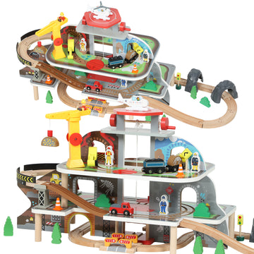 Houten treinset 79-delig met kraan en lift | Kleur: Natuurhout | Afmetingen: 40,5x99x41 cm