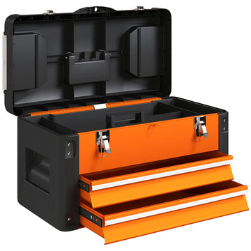 Stalen gereedschapskist met 2 laden | Kleur: Oranje, zwart | Afmetingen: 49.7x25.3x28.9 cm