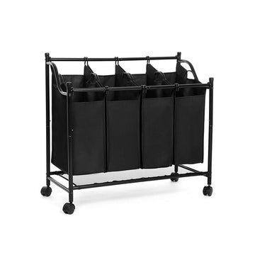 Wasmand op wielen, 4 vakken, 4 uitneembare zakken, 600D polyester, zwart, 44 x 10 x 33 cm