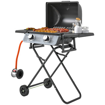 Gasgrill met 2 RVS-branders en klapbare zijtafels | Kleur: Zwart | Afmetingen: 50x101x102 cm
