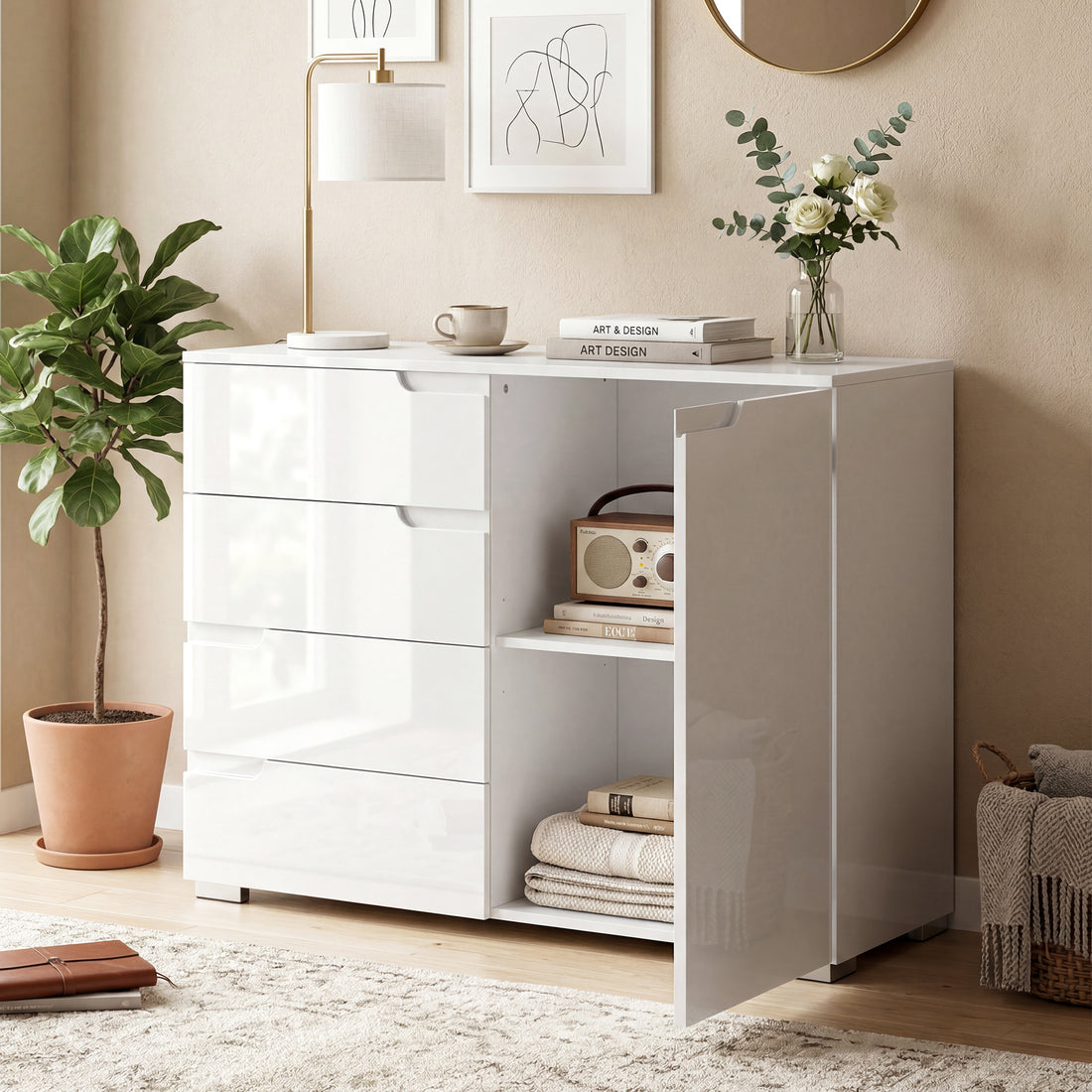 Sideboard med 4 lådor och 1 dörr - Högblank byrå | Färg: Vit | Mått: 100x40x80 cm