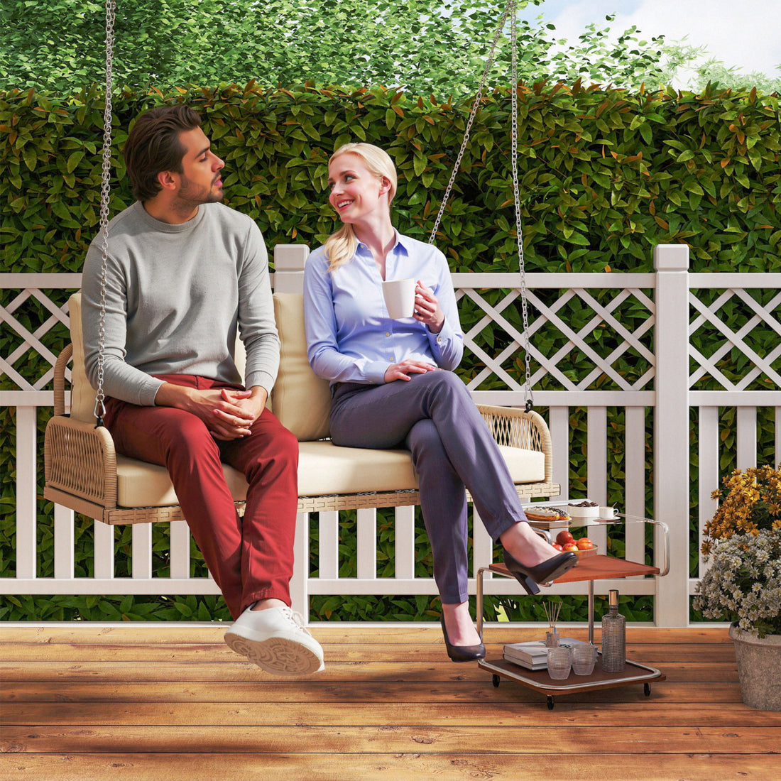 2-zits Rattan Hollywoodschommel met Kussens | Kleur: Beige | Afmetingen: 66x115x44 cm