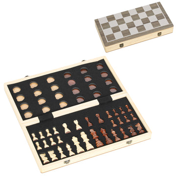 Vouwbaar schaak- en damspel in koffer | Kleur: Walnoot | Afmetingen: 38,5x38,5x2,8 cm
