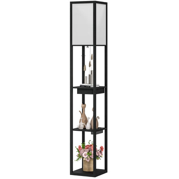 Vloerlamp met 3 planken, lade en USB-poorten | Kleur: Zwart