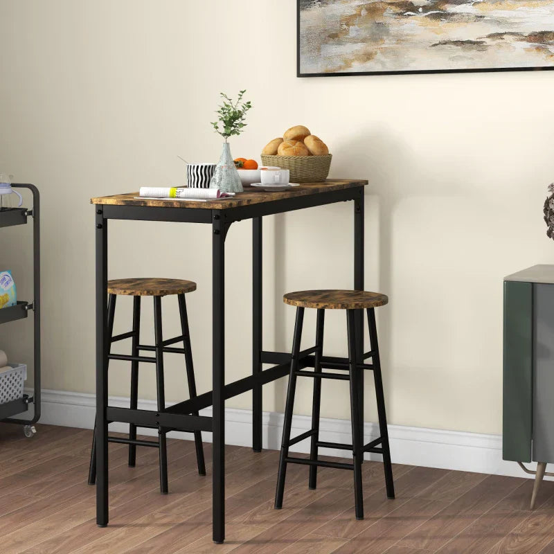 Bar-Set für 2 Personen mit 2 Barhockern | Farbe: Rustikales Braun | Abmessungen: 105x40x90 cm