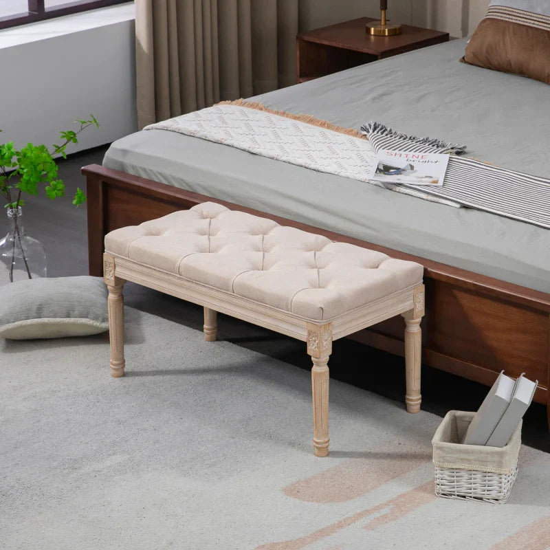 Vintage bankje - Gestoffeerde zitbank | Kleur: Beige | Afmetingen: 40x80x43 cm