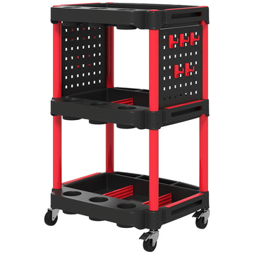 Gereedschapswagen met 3 niveaus en 10 haken | Kleur: Rood, Zwart | Afmetingen: 56.5x47.5x89 cm