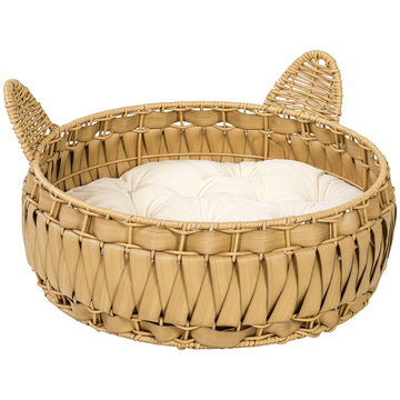 Rattan kattenbed met afneembaar kussen | Kleur: Bruin | Afmetingen: 50x50x25 cm