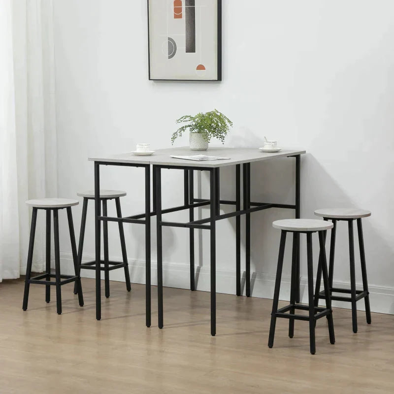 6-teiliges Bartisch-Set mit 4 Barhockern | Farbe: Grau+Schwarz | Maße: 40x100x90 cm