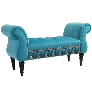 Vintage bankje met armleuningen en knopen | Kleur: Blauw | Afmetingen: 40x117x58 cm
