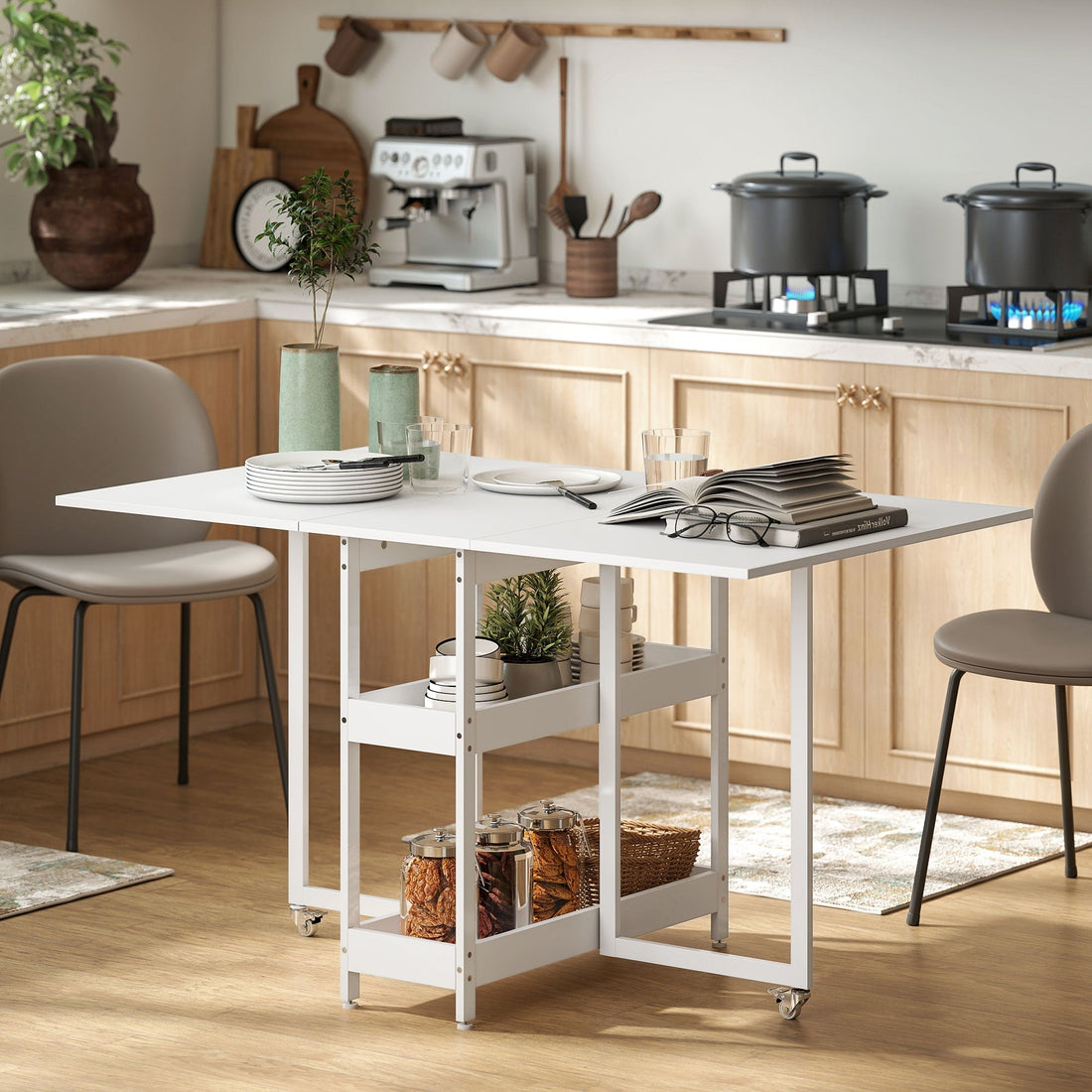 Inklapbare eettafel voor 4 personen met open vakken | Kleur: Wit | Afmetingen: 80x133.4x75 cm