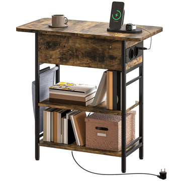 Bijzettafel met stopcontact, USB en 2 niveaus | Kleur: Bruin | Afmetingen: 60x29.8x58.5 cm