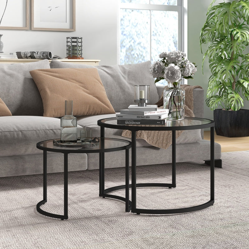 Set om 2 sidobord | Färg: Svart + transparent | Mått: 70x70x47,5/54x54x42,5 cm