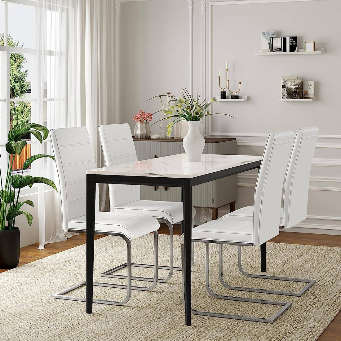 Eetkamerstoelen 4-delige set, zweefstoelen met hoge rugleuning, kunstleer | Wit | 41x55,5x100 cm