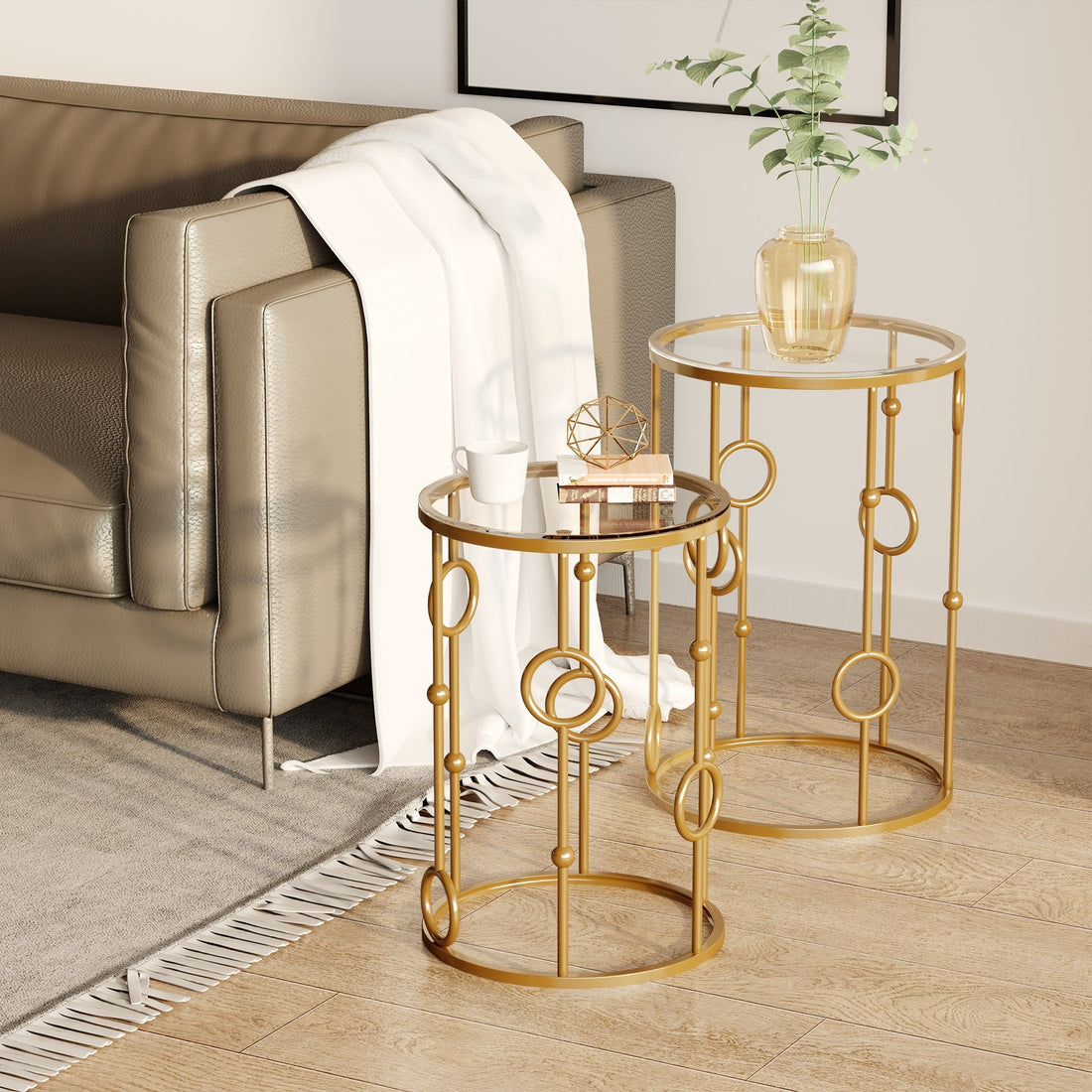 2er-Set runde Beistelltische - Art déco | Farbe: Gold | Abmessungen: 41x41x57 cm
