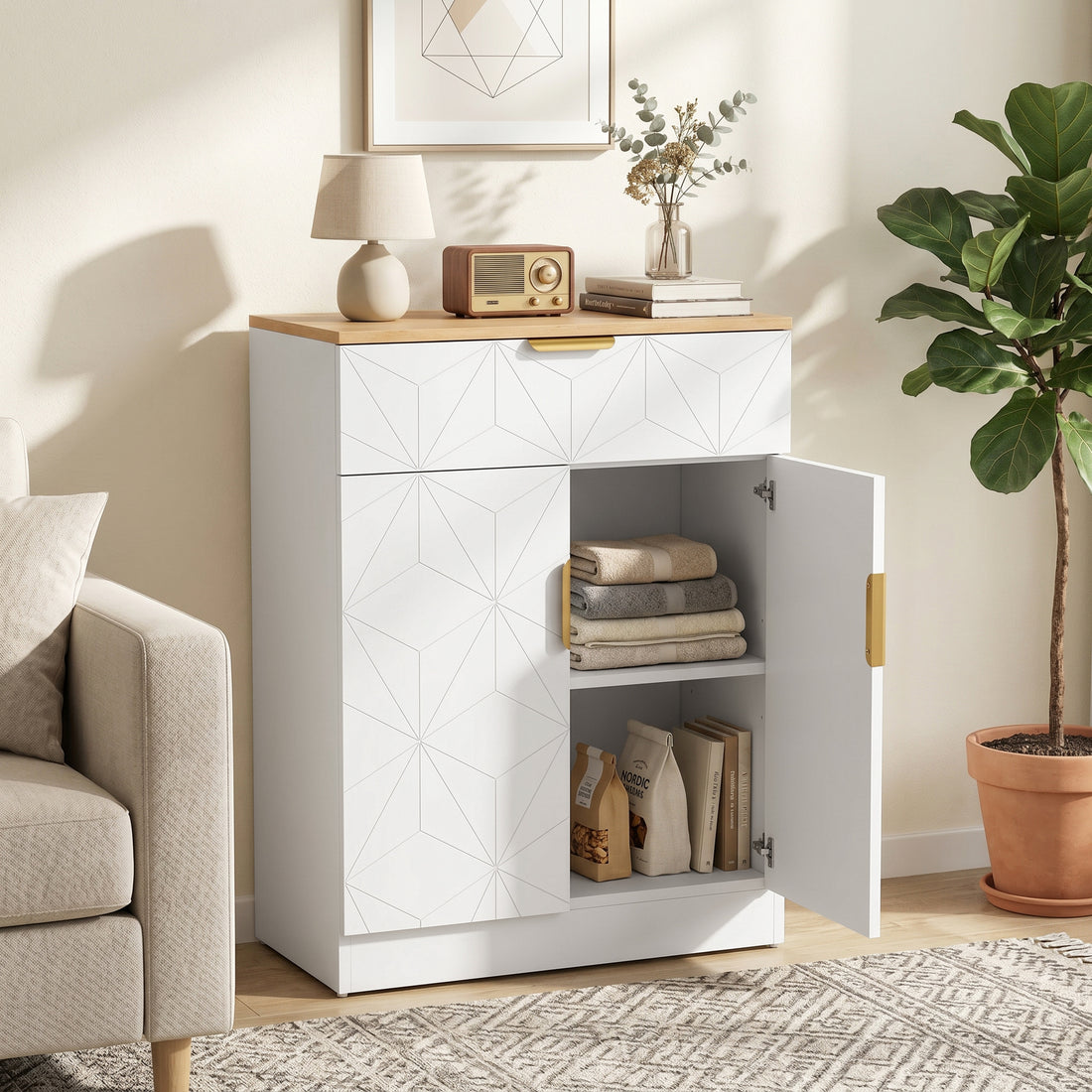 Modernes Sideboard mit Schublade und verstellbaren Regalböden | Farbe: Weiß | Abmessungen: 60x32x82 cm