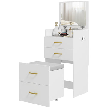 3-in-1 Make-uptafel met spiegel en rolkruk - Wit | Kleur: Wit | Afmetingen: 48x40x90 cm