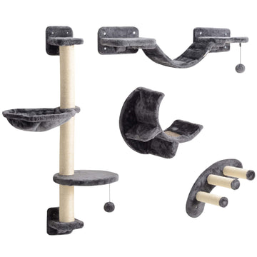 4-delige kattenklimwand met hangmat en brug | Kleur: Grijs, Bruin | Afmetingen: 30x30x96 cm
