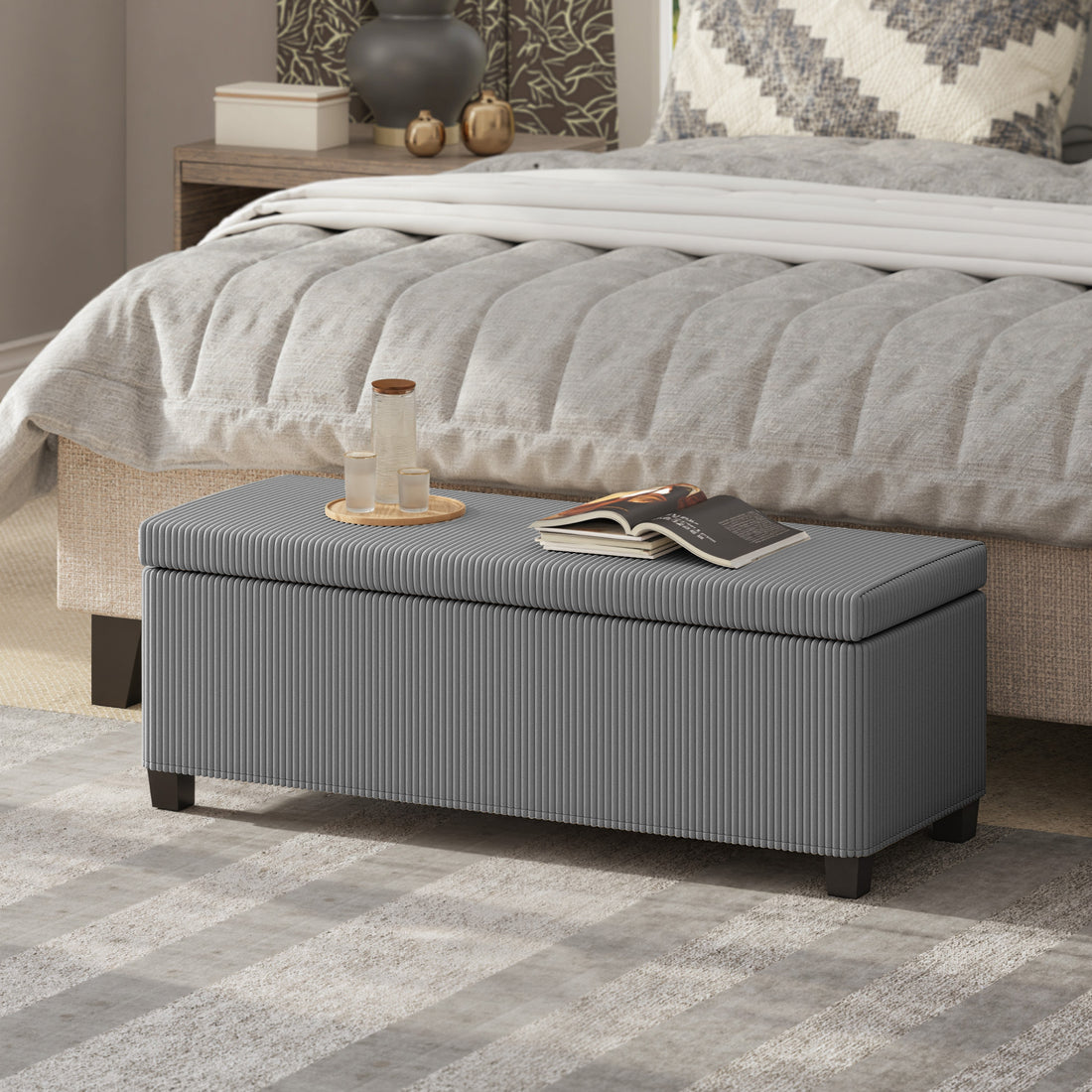 Opbergbank met zitkussen en corduroy bekleding | Kleur: Grijs | Afmetingen: 112x42x40 cm