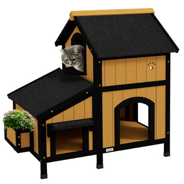 Houten kattenhuis voor buiten - 2 verdiepingen | Kleur: Geel | Afmetingen: 65x96x85.5 cm