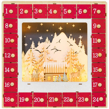 Kerst adventskalender met LED-verlichting | Kleur: Rood | Afmetingen: 34x7x34 cm