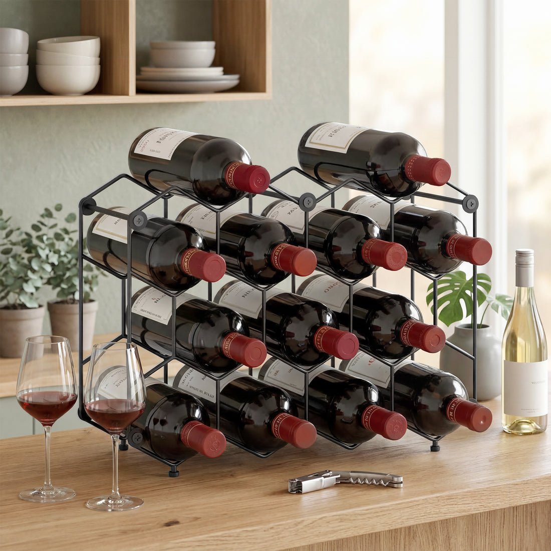 Wijnrek voor 13 flessen met honingraatdesign | Kleur: Zwart | Afmetingen: 43x15,5x31 cm
