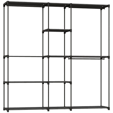 Open kledingkast met 4 niveaus, 3 kledingstangen | Kleur: Zwart | Afmetingen: 182x43x185 cm