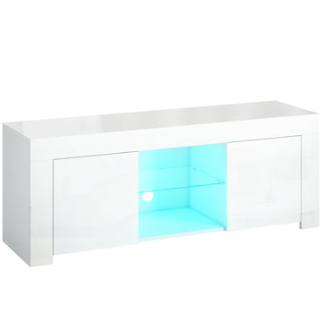 TV-meubel met LED-verlichting en glazen plank | Kleur: Wit | Afmetingen: 120x34x45 cm