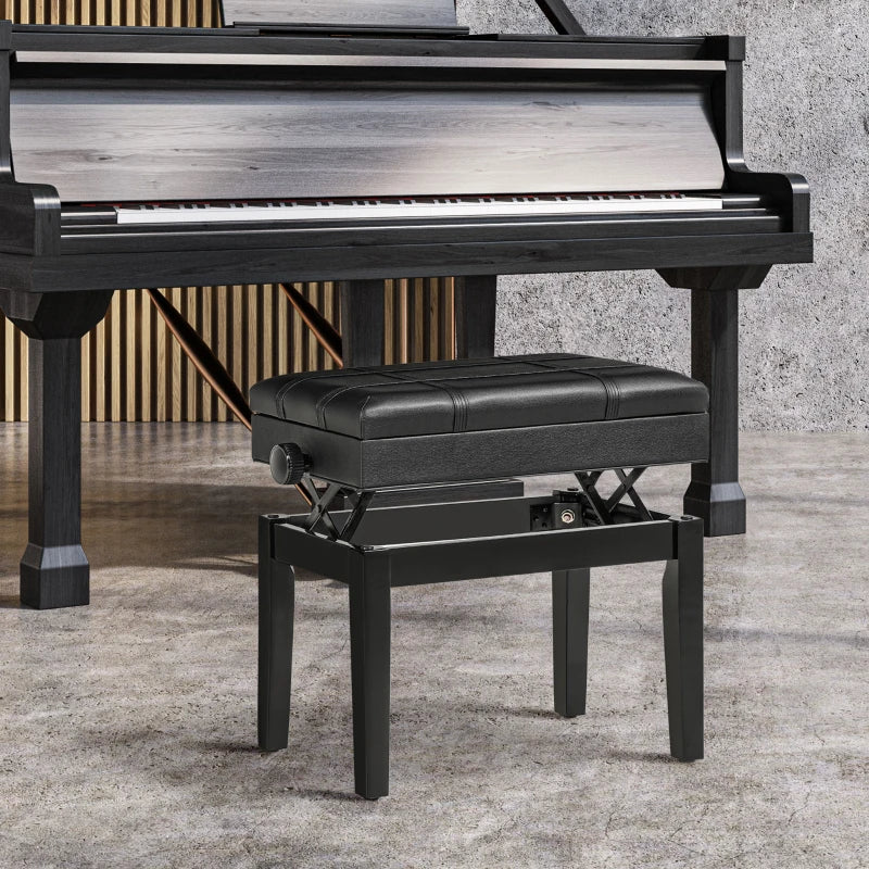 Pianopall med förvaring och justerbar sitthöjd | Färg: Svart | Mått: 35x63x46-56 cm
