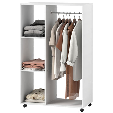 Mobiele kledingkast op wielen met 3 vakken | Kleur: Wit | Afmetingen: 80x40x128 cm